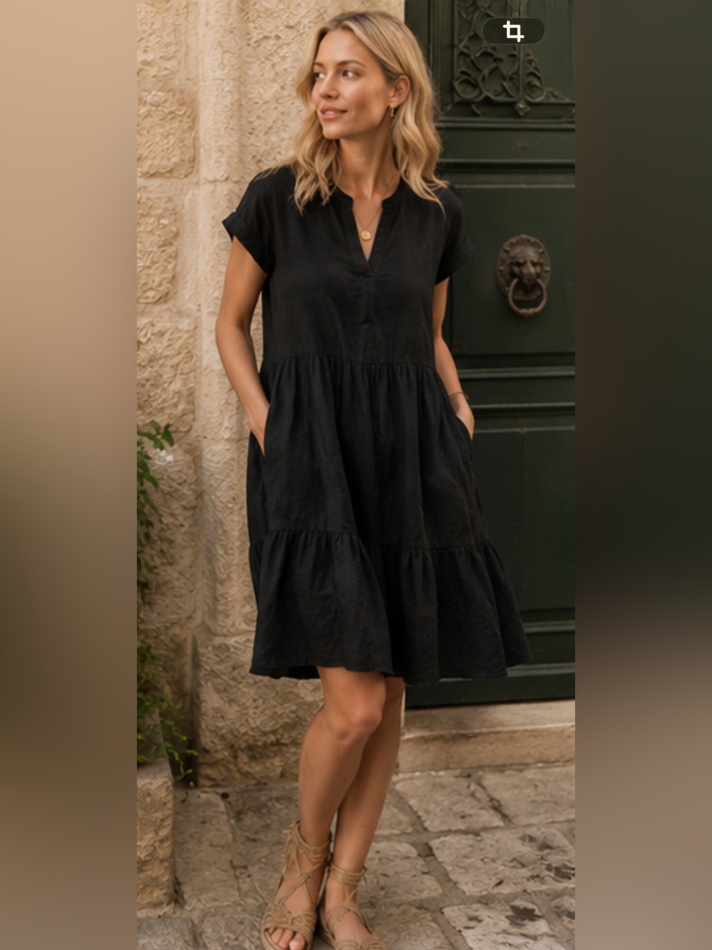 Black Linen Short-Sleeve Dress with V-Neck